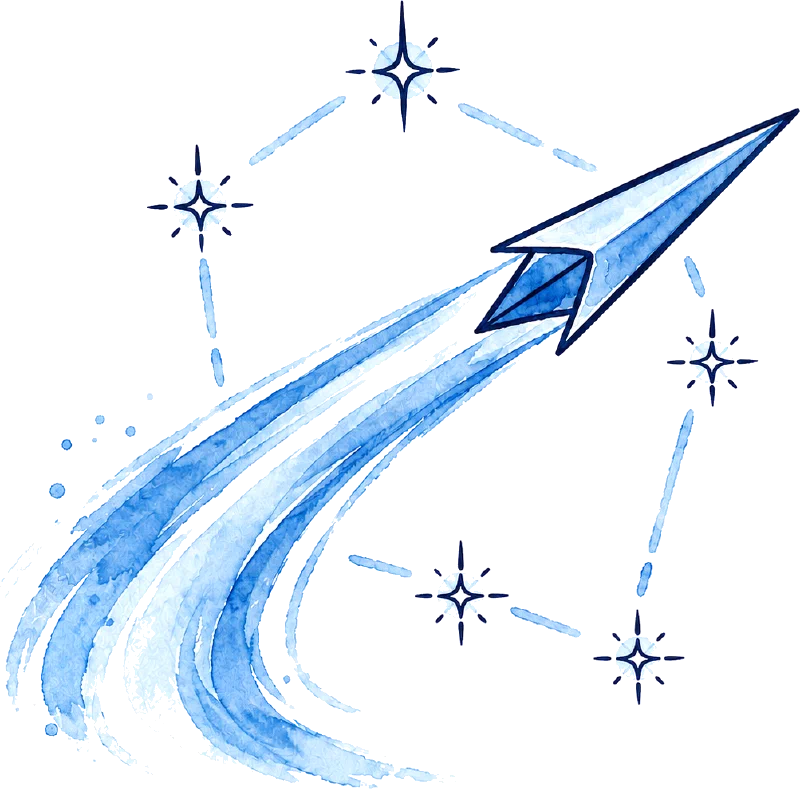 Watercolor illustration of a paper plane climbing past a constellation of stars